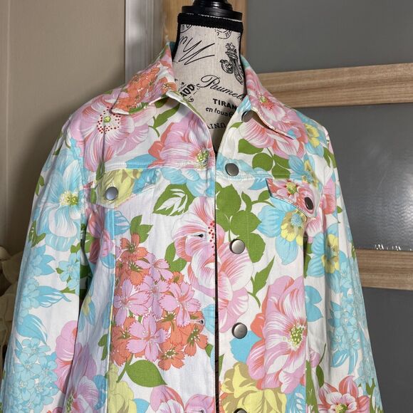 Catherine Stewart Womens Denim Jean Floral Print Jacket Sz M Multicolor - Picture 2 of 7